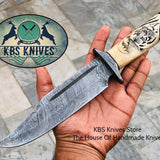 Hand Engraved Hunting Bowie Knife - Custom Handcrafted Damascus Steel Blade, Hand Engraved Bone Handle, Damascus Guard, 12" Overall Length | Leather Sheath | Personalized Engraving Available | KBS Knives
