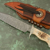 Hand Engraved Tennessee Bowie Knife - Custom Damascus Steel Blade, Ram Horn Handle, Hand Engraved Steel Guard and Bolster, 15" Overall Length | Leather Sheath | KBS Knives