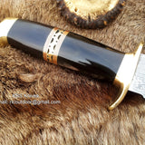 Custom Handmade Hunting Bowie Knife with Damascus Steel Blade & Buffalo Horn Handle - 13 Inches