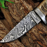 Custom Handmade Damascus Steel Blade Skinning Knife with Sheep Horn Handle, 8-Inch Overall Length, and Leather Sheath - Perfect for Hunters