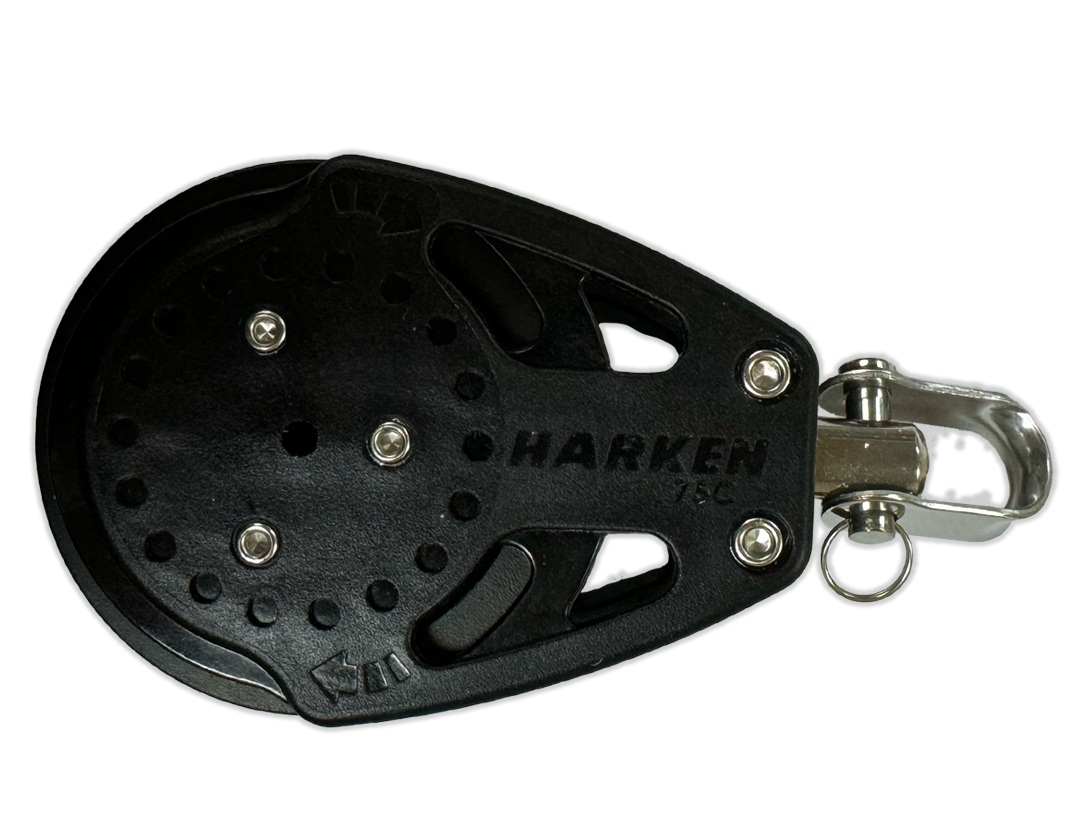 Ratcheting side-anchor pulley with black sheave, stainless hook and HARKEN 75C