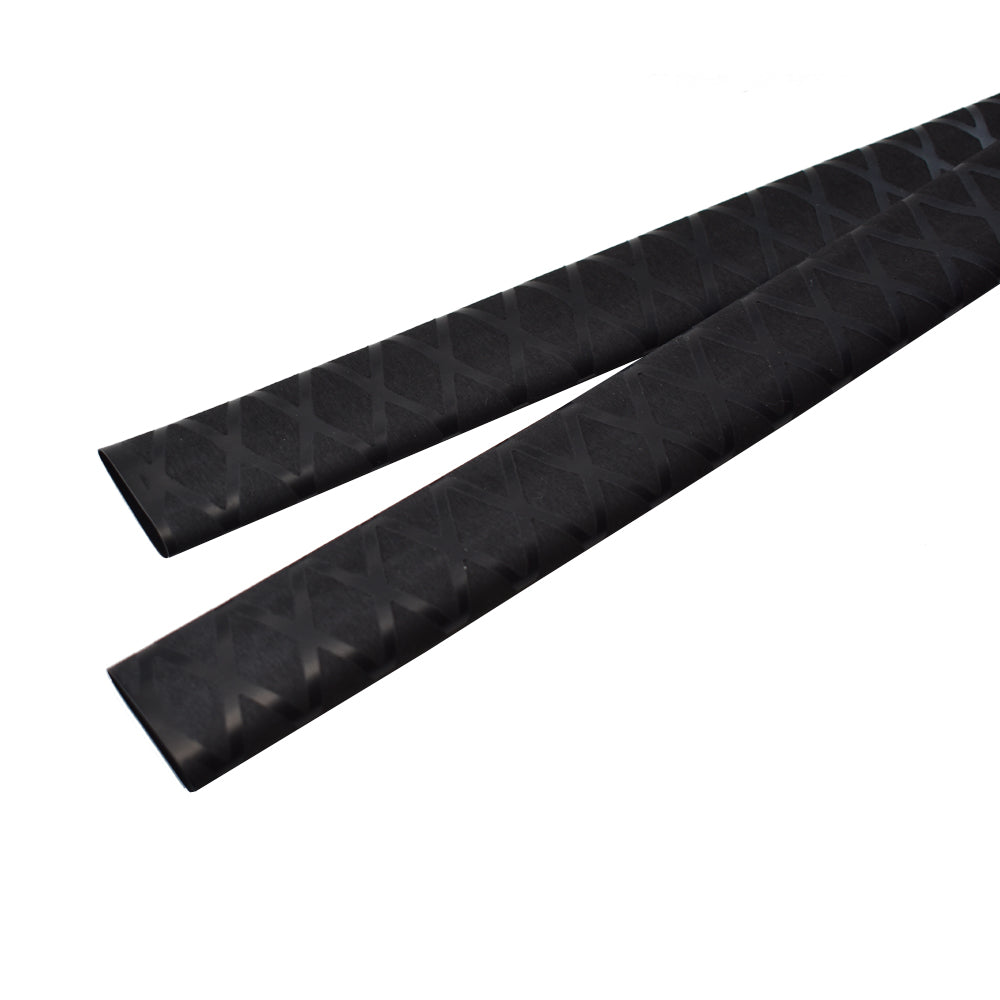 Black heat shrink tubing with crisscross grid texture and open ends