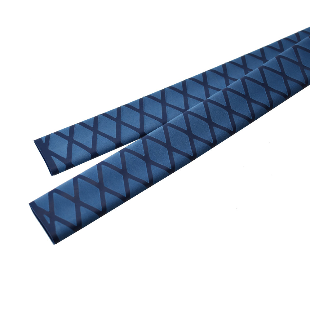 Blue heat shrink tubing with crisscross grid texture and open ends