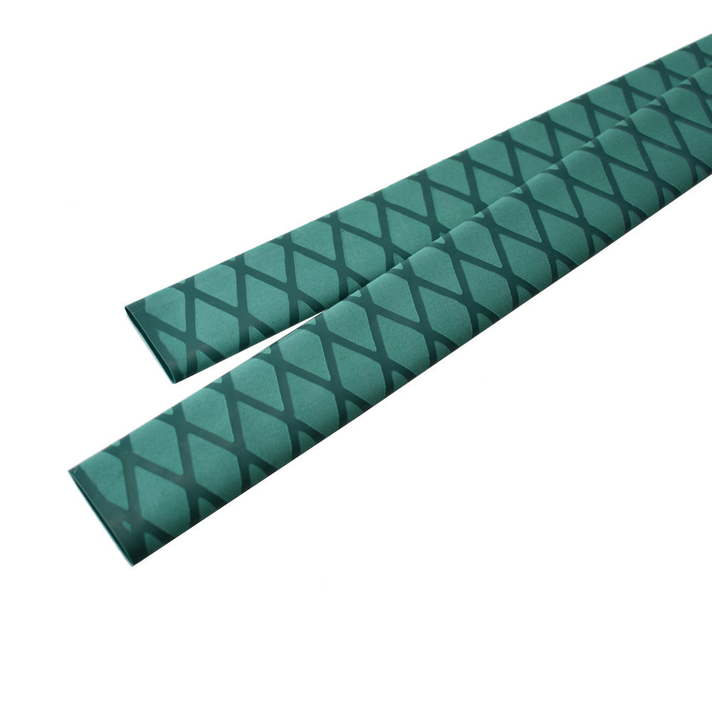 Green heat shrink tubing with crisscross grid texture and open ends