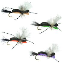 Grasshopper dry fly with black foam body, green stripe, white hackle, barbed hook