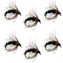 Set of fly fishing emerger lures with green-accent black bodies and tan wings