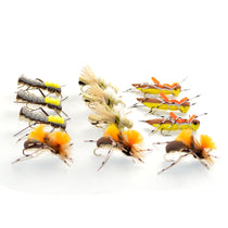 Trout fishing fly assortment with multicolor feather and foam bodies on hooks