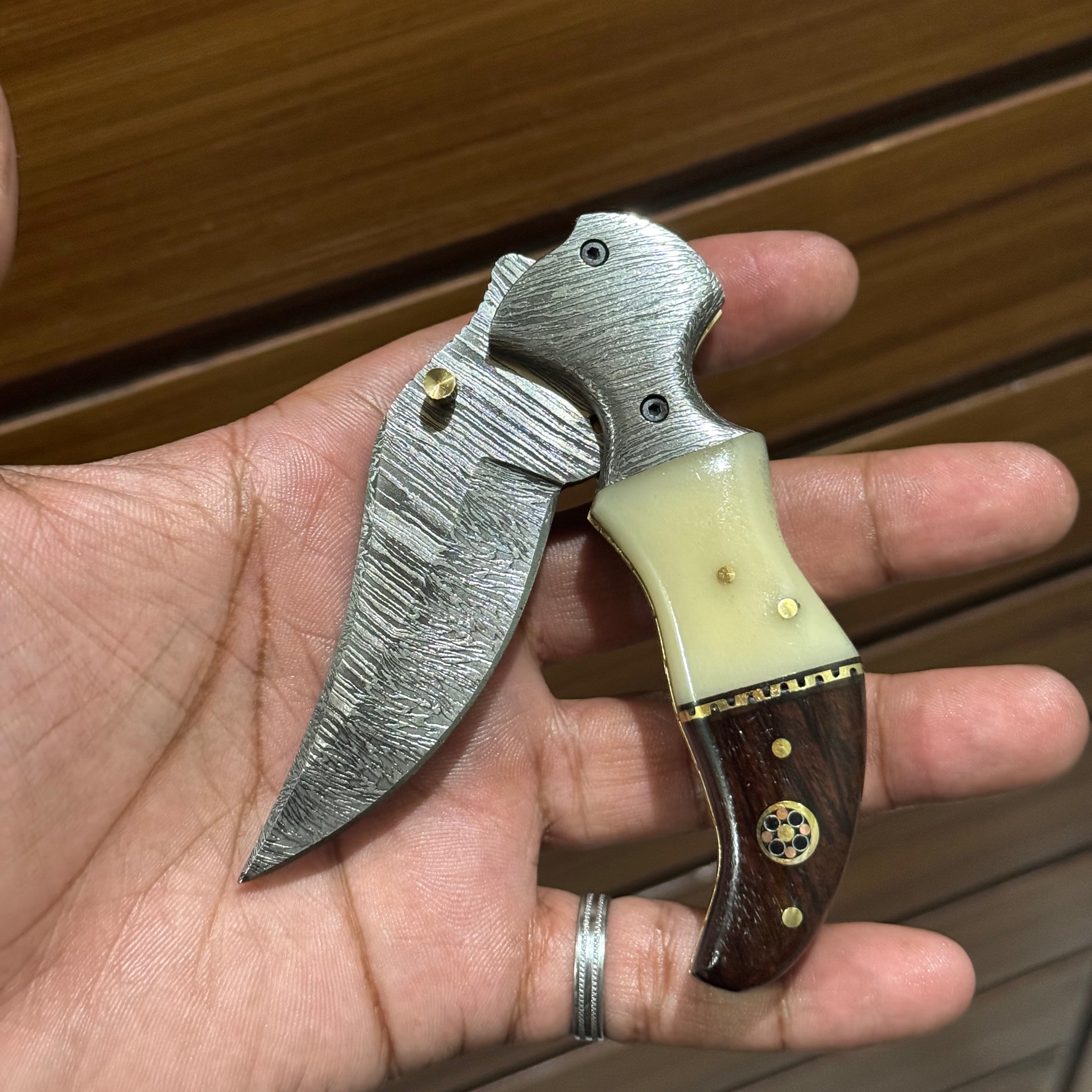 Damascus Handmade Custom Folding Pocket Knife with Buffalo Horn and Rosewood Handle, 3.2-inch Blade Length
