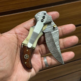 Damascus Handmade Custom Folding Pocket Knife with Buffalo Horn and Rosewood Handle, 3.2-inch Blade Length