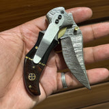 Damascus Handmade Custom Folding Pocket Knife with Buffalo Horn and Rosewood Handle, 3.2-inch Blade Length