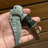 Damascus Handmade Custom Folding Pocket Knife with Buffalo Horn and Rosewood Handle, 3.2-inch Blade Length