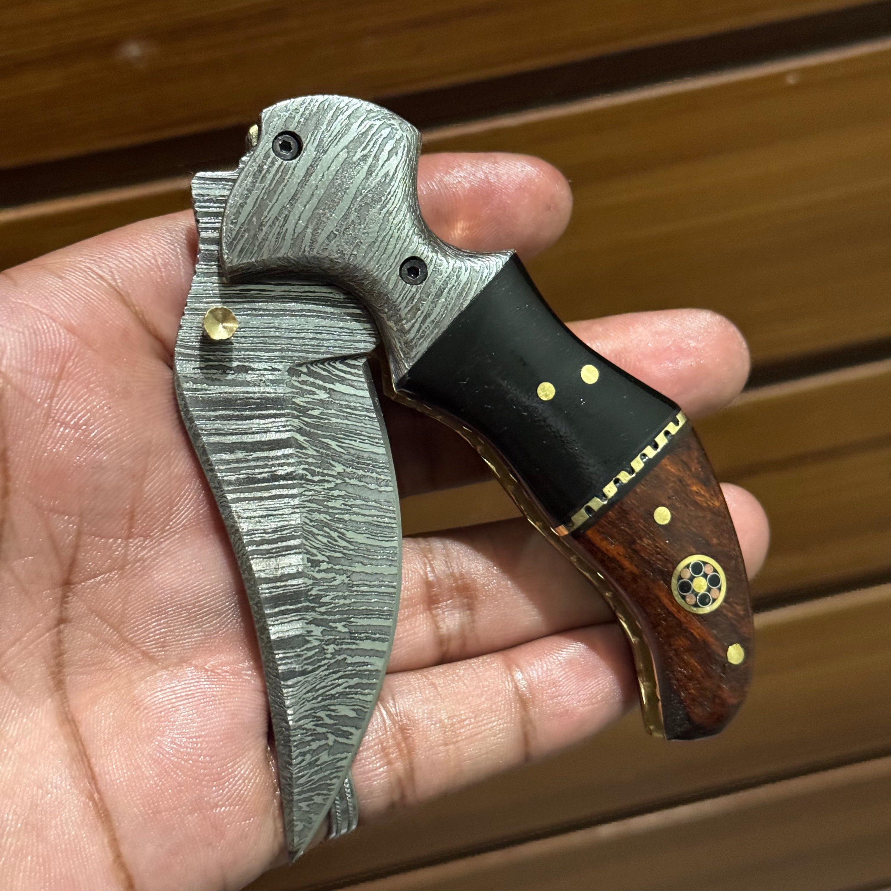 Damascus Handmade Custom Folding Pocket Knife with Buffalo Horn and Rosewood Handle, 3.2-inch Blade Length