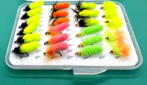 Assorted bright fuzzy fishing flies in a clear plastic storage box, 22 pieces