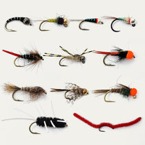 Assorted nymph fly lures with chenille and feather bodies, metal hooks