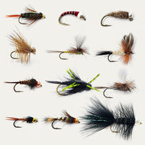 Assorted classic trout fly assortment, multiple feather flies with barbed hooks