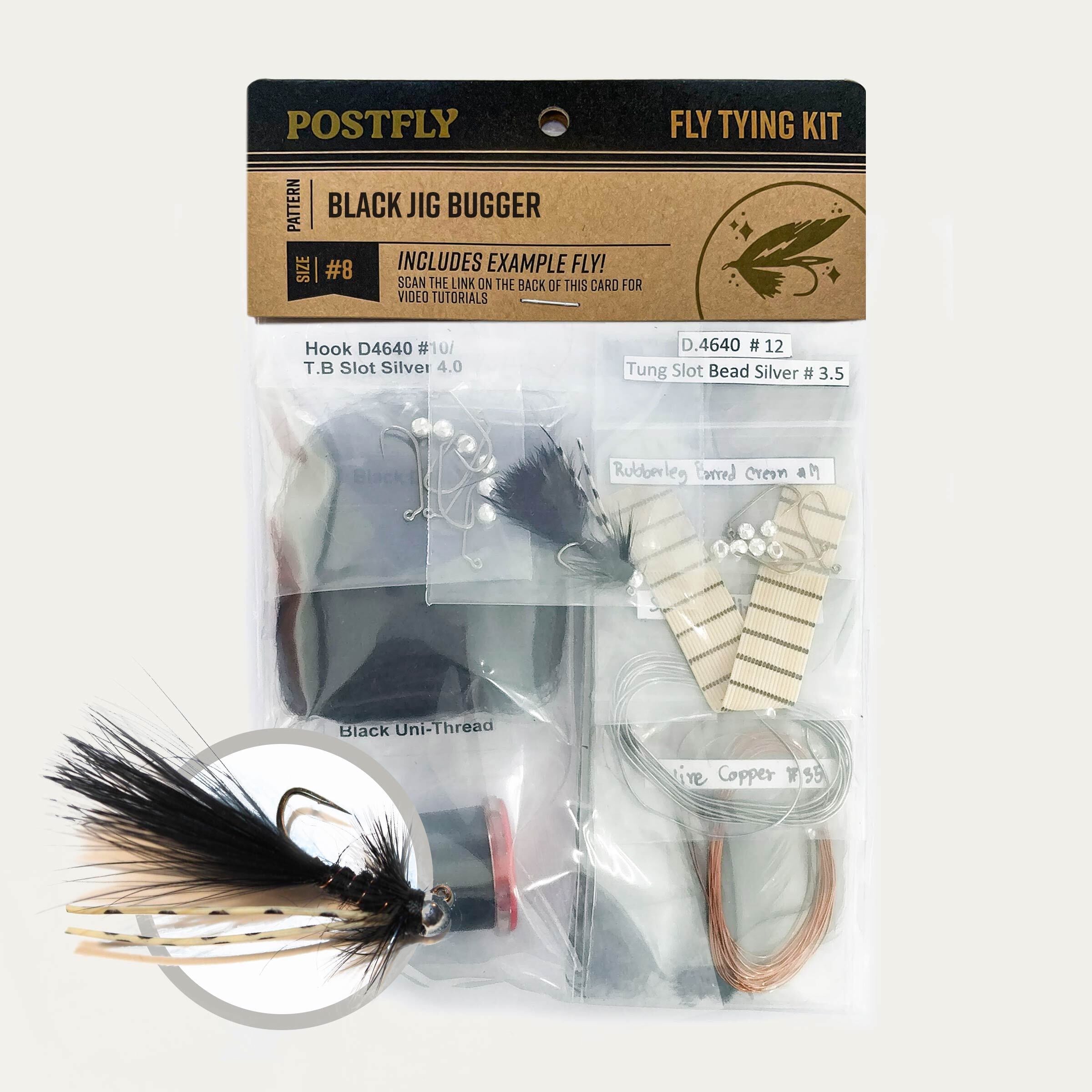Fly tying kit with jig bugger components, black thread, hook, feather and tinsel in bag