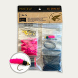 Mop fly tying kit with pink mop fur, hook, and gold wire in clear pouch