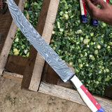 Texas Flag Handle Damascus Steel Handmade Fillet Boning Knife with Blue and Red Exotic Wood and Bone Handle, 12.5 Inches