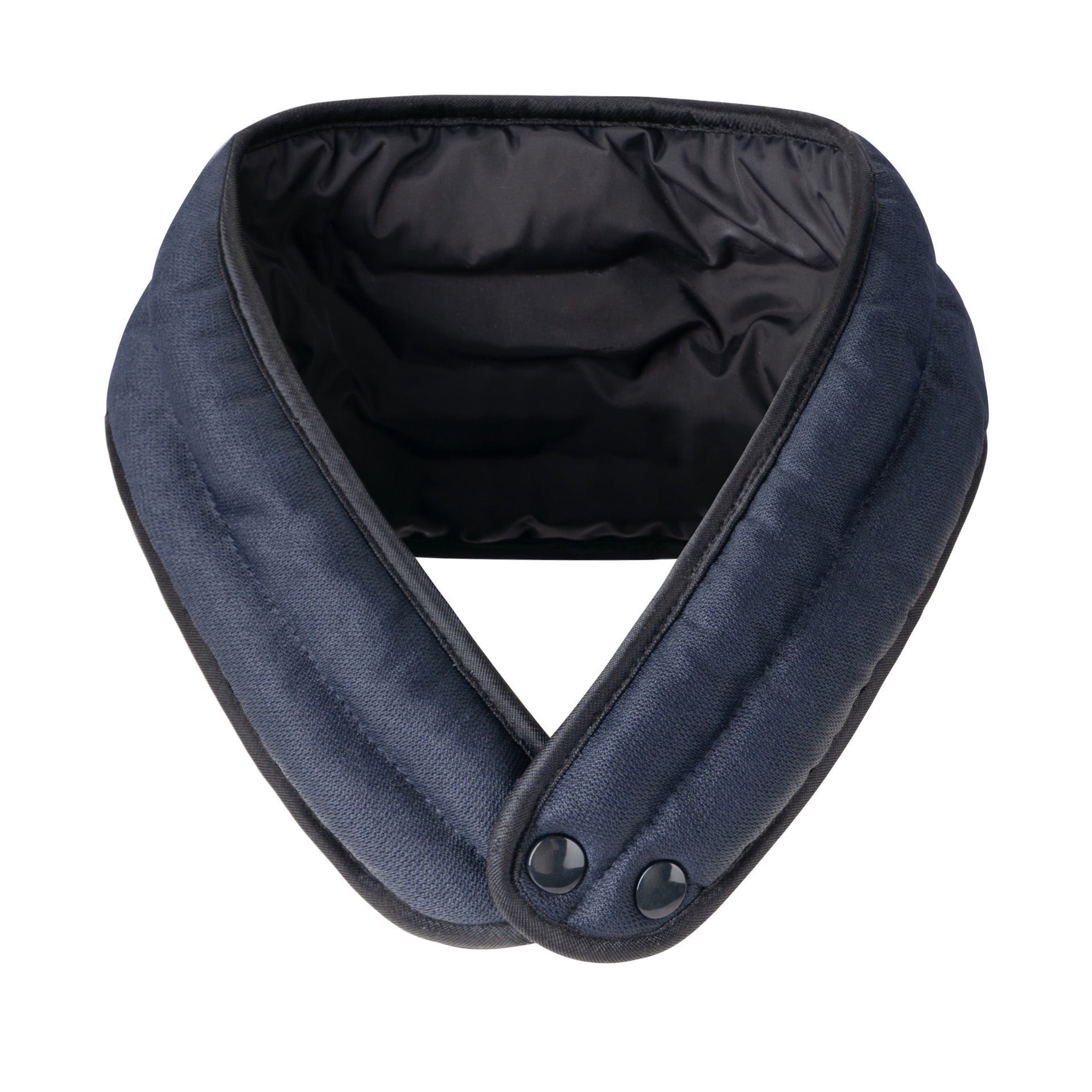 Navy and black instant cooling neck wrap with two snap buttons on the bottom
