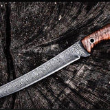 Damascus Steel Handmade Fillet Boning Knife with Burly Rose Wood Handle, 11 Inches with Leather Sheath
