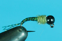 Tungsten caddis larva fly with green fuzzy body, ribbed tungsten beadhead, barbless hook