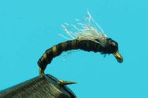 Fishing midge fly with dark segmented body on hook