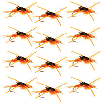 Set of fly nymphs with orange rubber legs and black-and-orange bodies on hooks