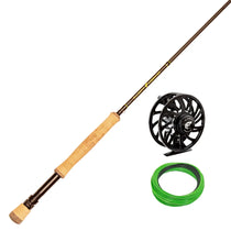 Fly fishing rod combo kit with cork handle rod, reel, and green line