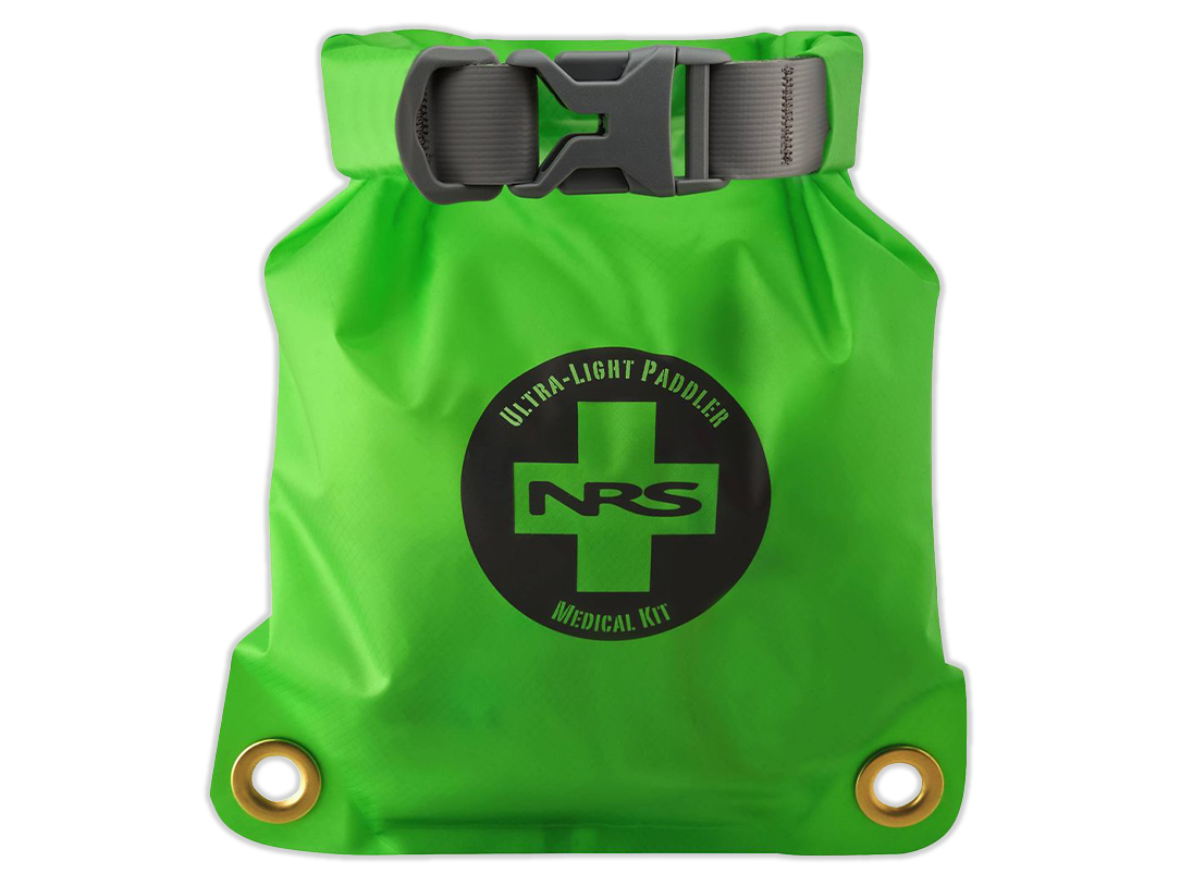 Green ultralight medical kit pouch with NRS logo and roll-top strap closure