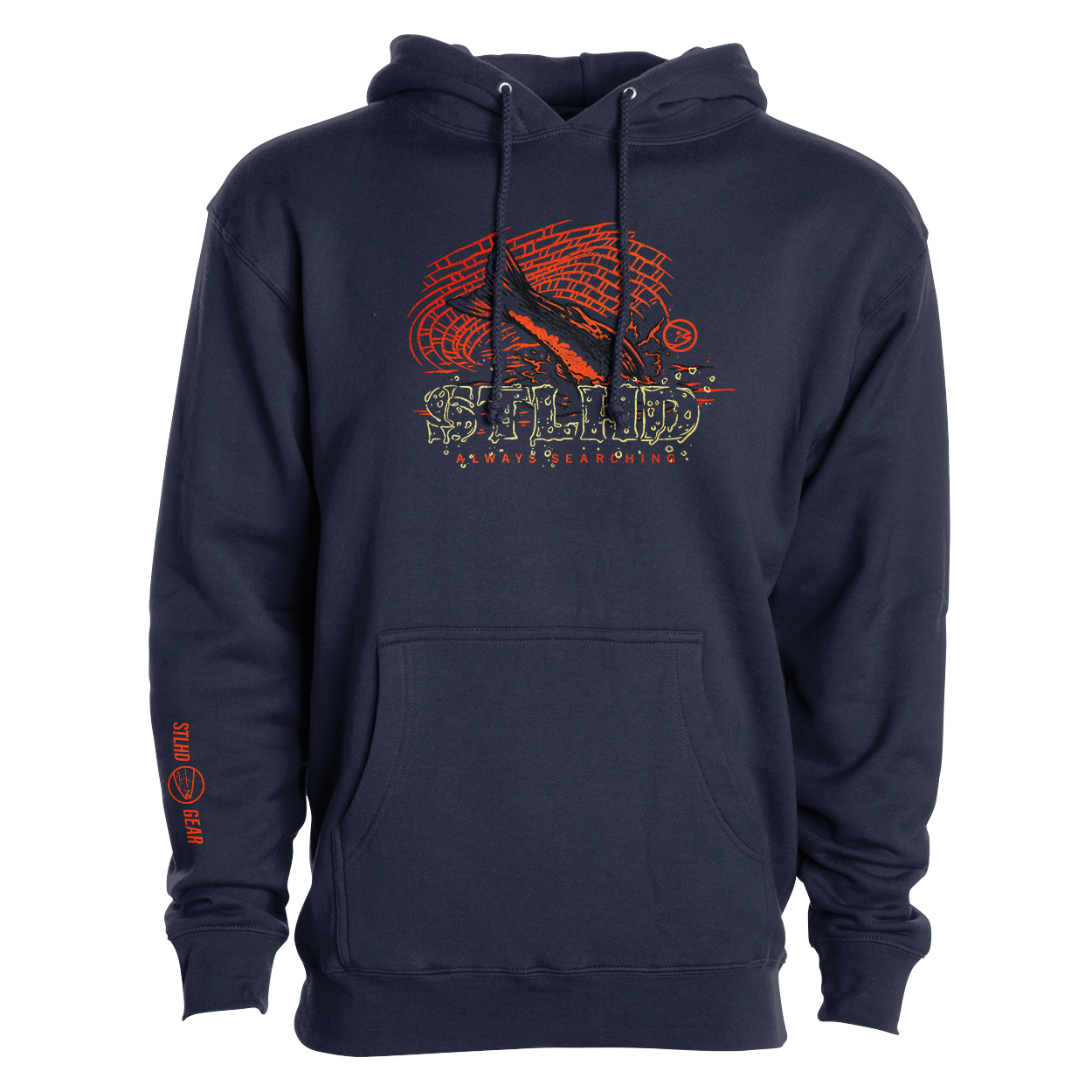 Navy pullover hoodie with front kangaroo pocket and orange/black logo graphic