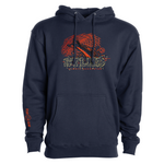 Navy pullover hoodie with front kangaroo pocket and orange/black logo graphic