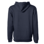 Navy pullover hoodie with attached hood and kangaroo pocket, plain back