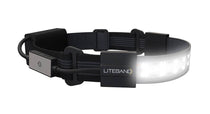 LED headlamp with front light housing and black strap control unit