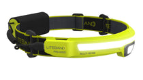 Hi-vis yellow multi-beam headlamp with adjustable black strap and front light