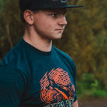 Dark blue crew-neck T-shirt with chest graphic, short sleeves