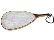 Wood-handled fly landing net with white mesh and magnetic release
