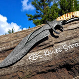 Large Bowie Knife - 11" Damascus Steel with Mountain Sheep Horn Handle & Double Damascus Finger Guard
