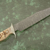 Hand Engraved Tennessee Bowie Knife - Custom Damascus Steel Blade, Ram Horn Handle, Hand Engraved Steel Guard and Bolster, 15" Overall Length | Leather Sheath | KBS Knives