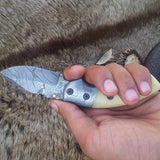 Everyday Carry Damascus Steel Folding Pocket Knife with Bone Handle & Damascus Bolster