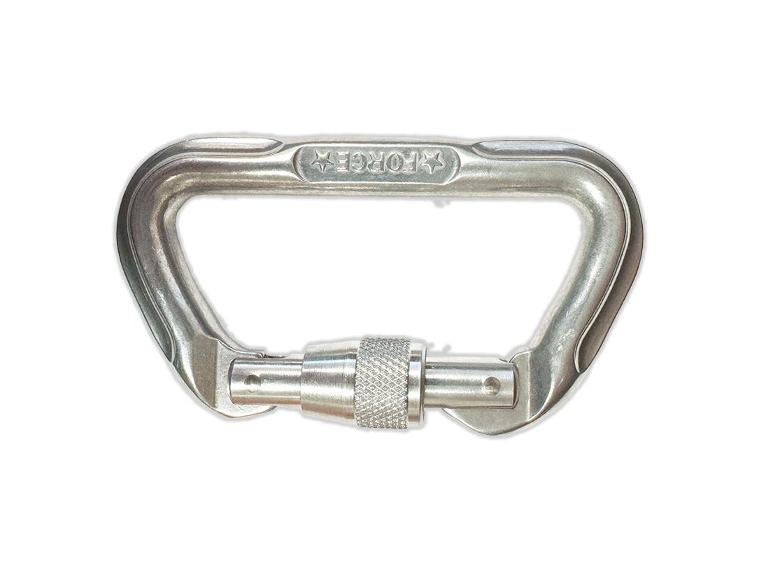 Silver locking carabiner with threaded locking sleeve and closed gate