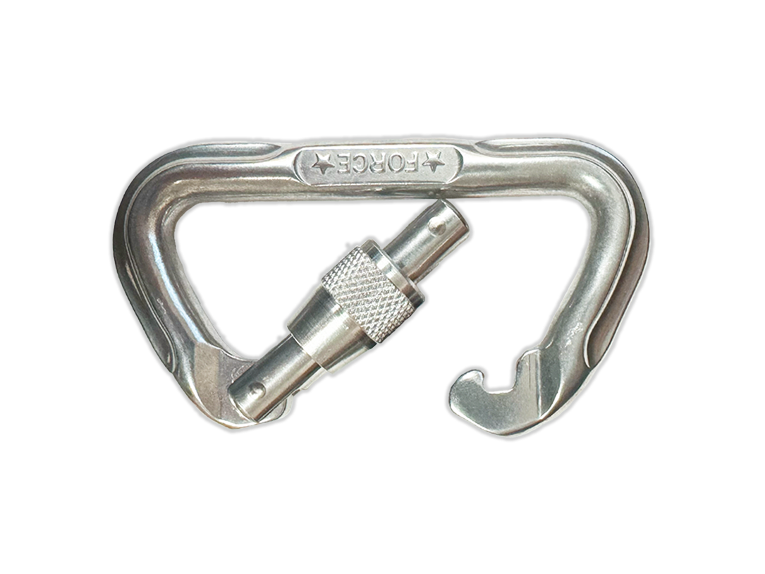 Silver locking carabiner with open gate and ridged threaded lock sleeve