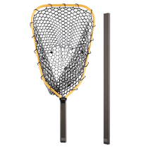 Fishing net bag with white mesh, orange rim, and dark handle