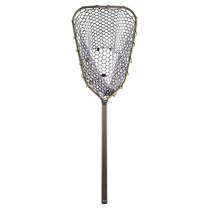 Fishing landing net with white mesh, olive frame, and dark handle