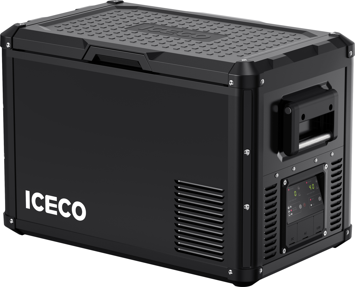 Black ICECO dual-zone portable fridge freezer with control panel and vent grille