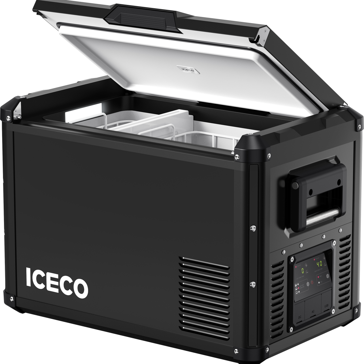Black ICECO portable fridge freezer open lid showing interior racks and compartments
