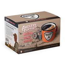 Angler's Coffee medium roast single-serve pod box, 12 count, brown cardboard