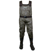 Mossy camo chest wader suit with hooded bib, black boots, long pants and waist belt