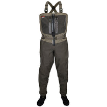 Full-body view of dark brown/gray chest wader with suspenders and front zip pockets