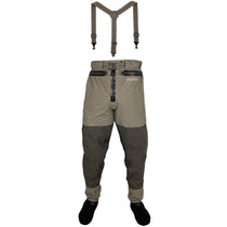 Men's guide pants with high waist zipper, olive and dark gray panels, removable suspenders