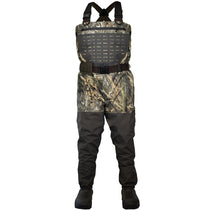 SUMMIT insulated camo wader front view with hood, suspenders, chest bib, belt, boots